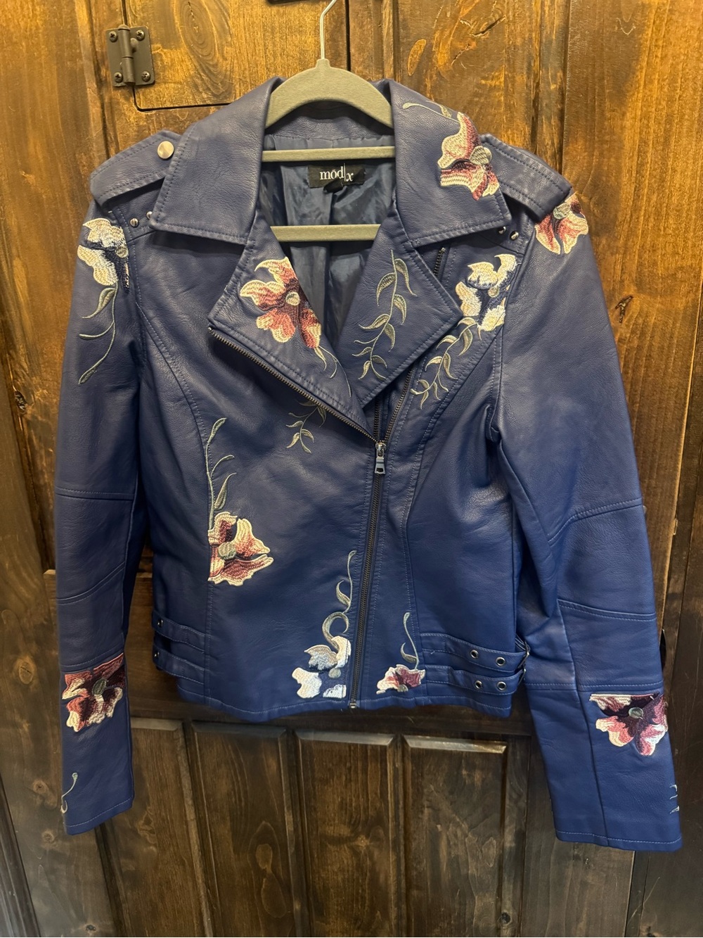 Embroidered Navy Floral Faux Leather Moto Jacket - Women's